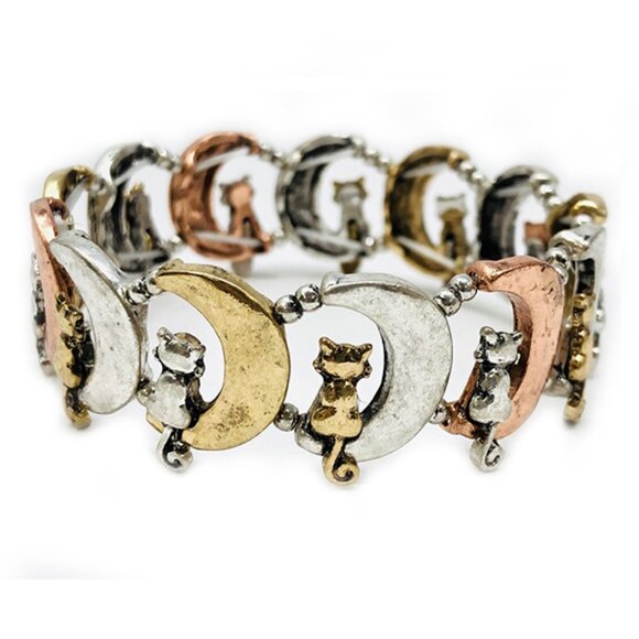 Cat Pet Lovers Theme Gold Silver Copper Dipped Stretch Bracelet NEW Great Gift! - Picture 1 of 3
